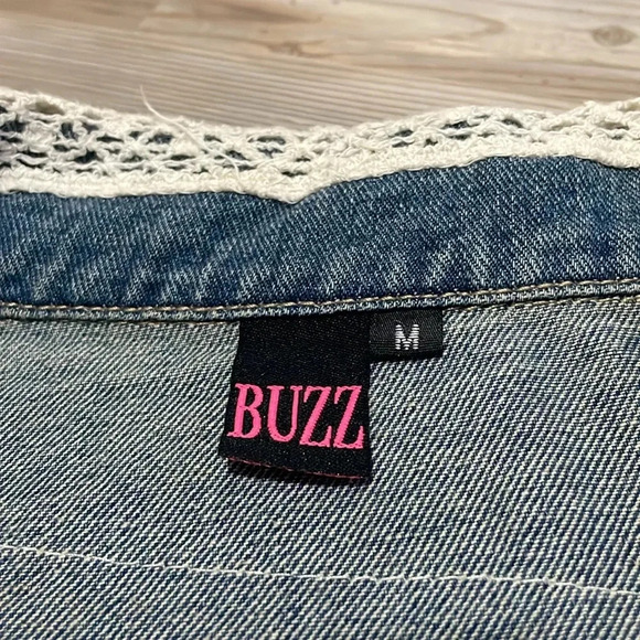 Lace trim Jean jacket Denim Lace collar Distressed Size M Retro Boho Bridal - Picture 4 of 12